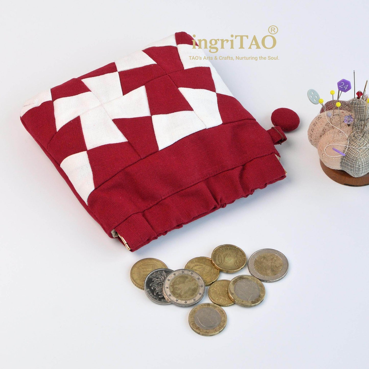 ingriTAO Handmade Mini Fabric Self - Closing Pouch - Windmill Patchwork Edition - ingriTAO