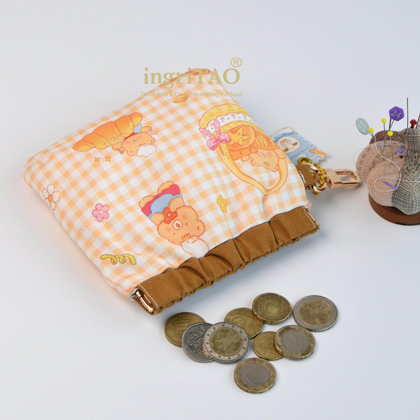 ingriTAO Handmade Mini Fabric Self - Closing Pouch - Bear Chef Print Edition - ingriTAO
