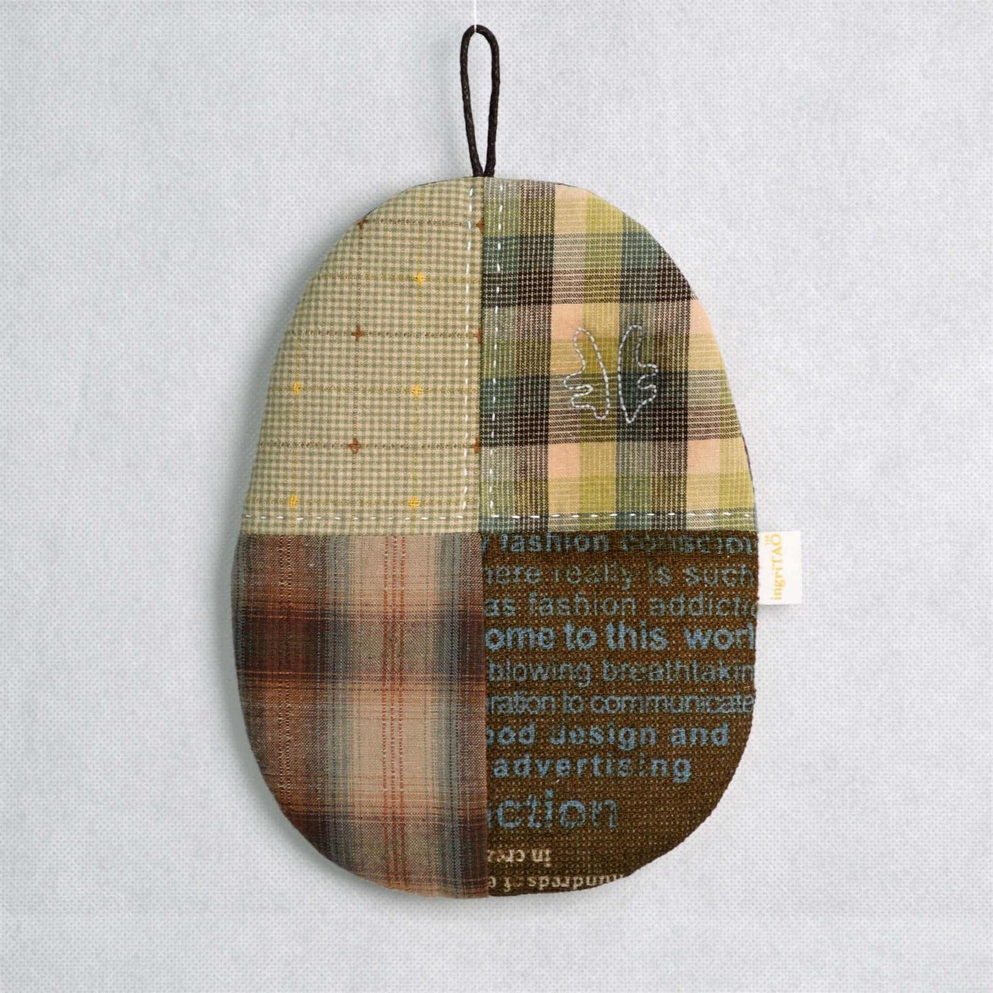 ingriTAO Ovoid Patchwork Pot Holder with Antlered hand - sewn stitches - ingriTAO