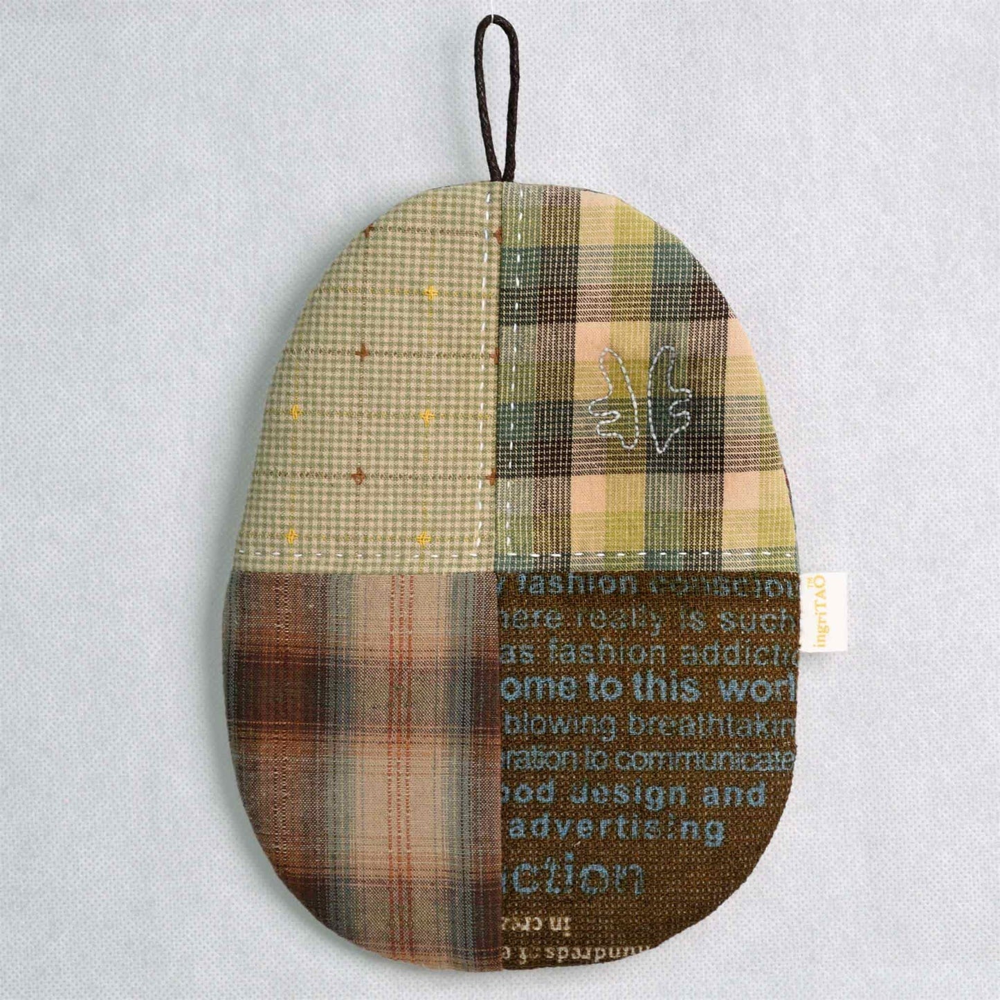 ingriTAO Ovoid Patchwork Pot Holder with Antlered hand - sewn stitches - ingriTAO