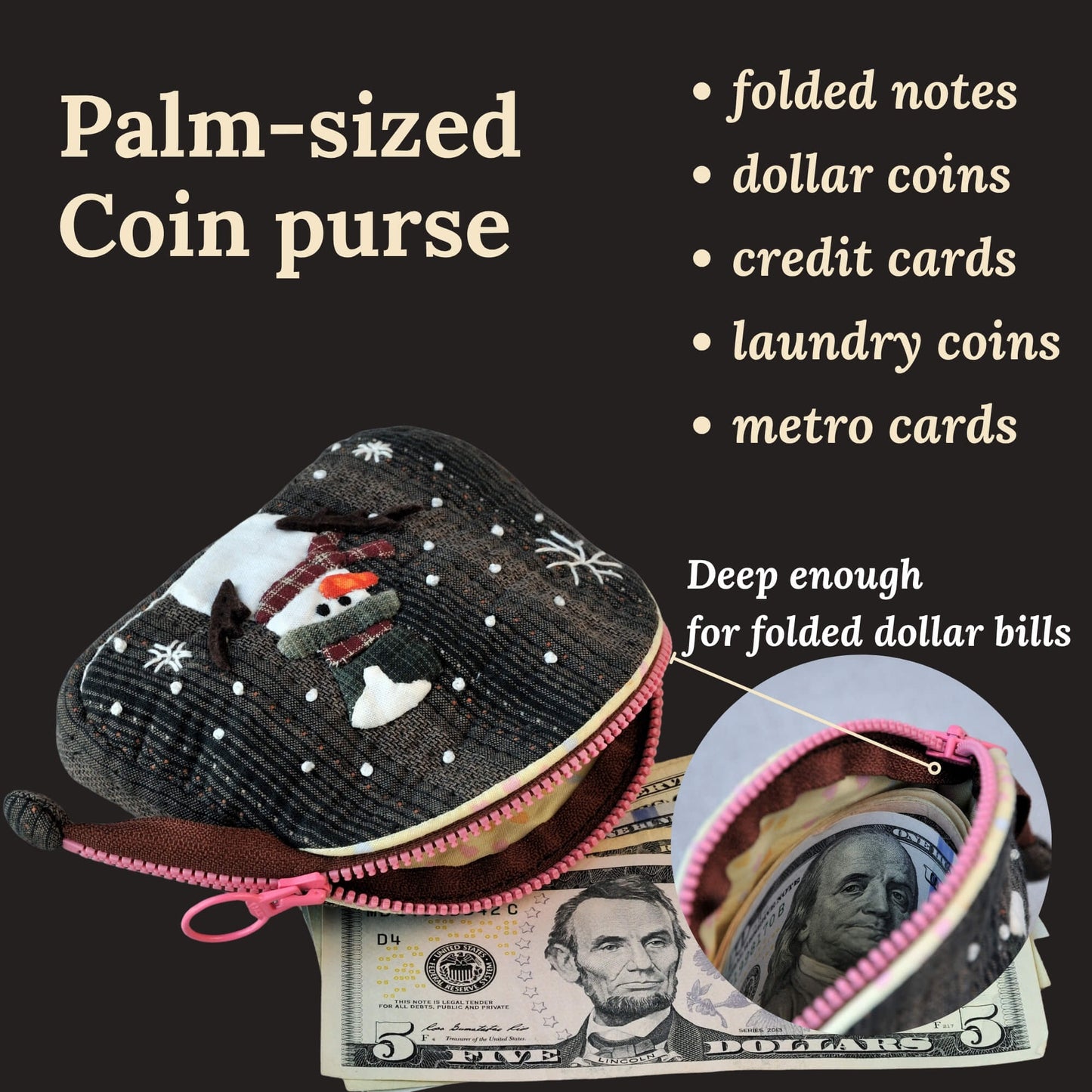 handmade quilted cute small coin purse for women snowman zipper pouch embroidered stitched appliqued mini coin purse