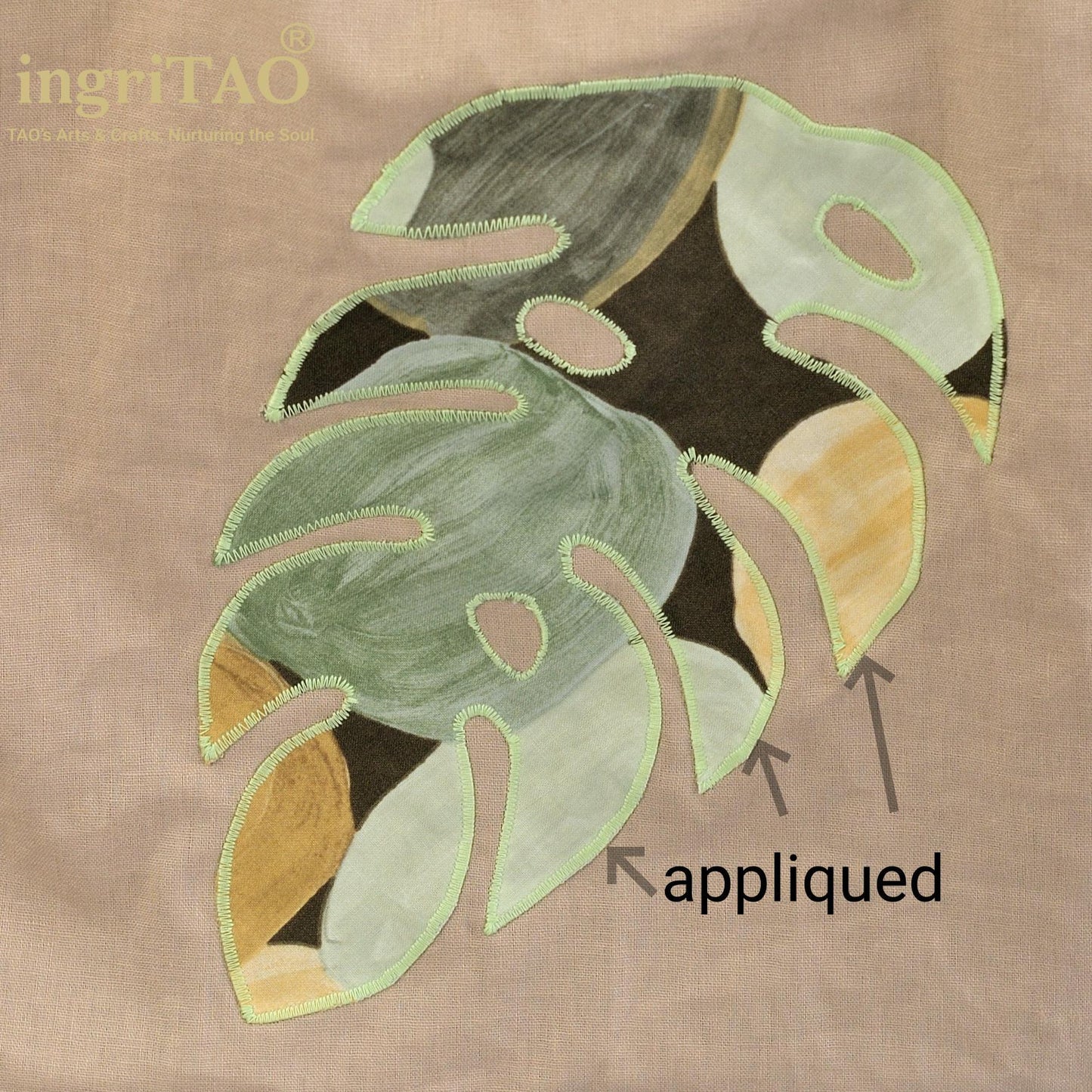 ingriTAO Appliqué Fern Leaf Linen Shopping Tote Handbag