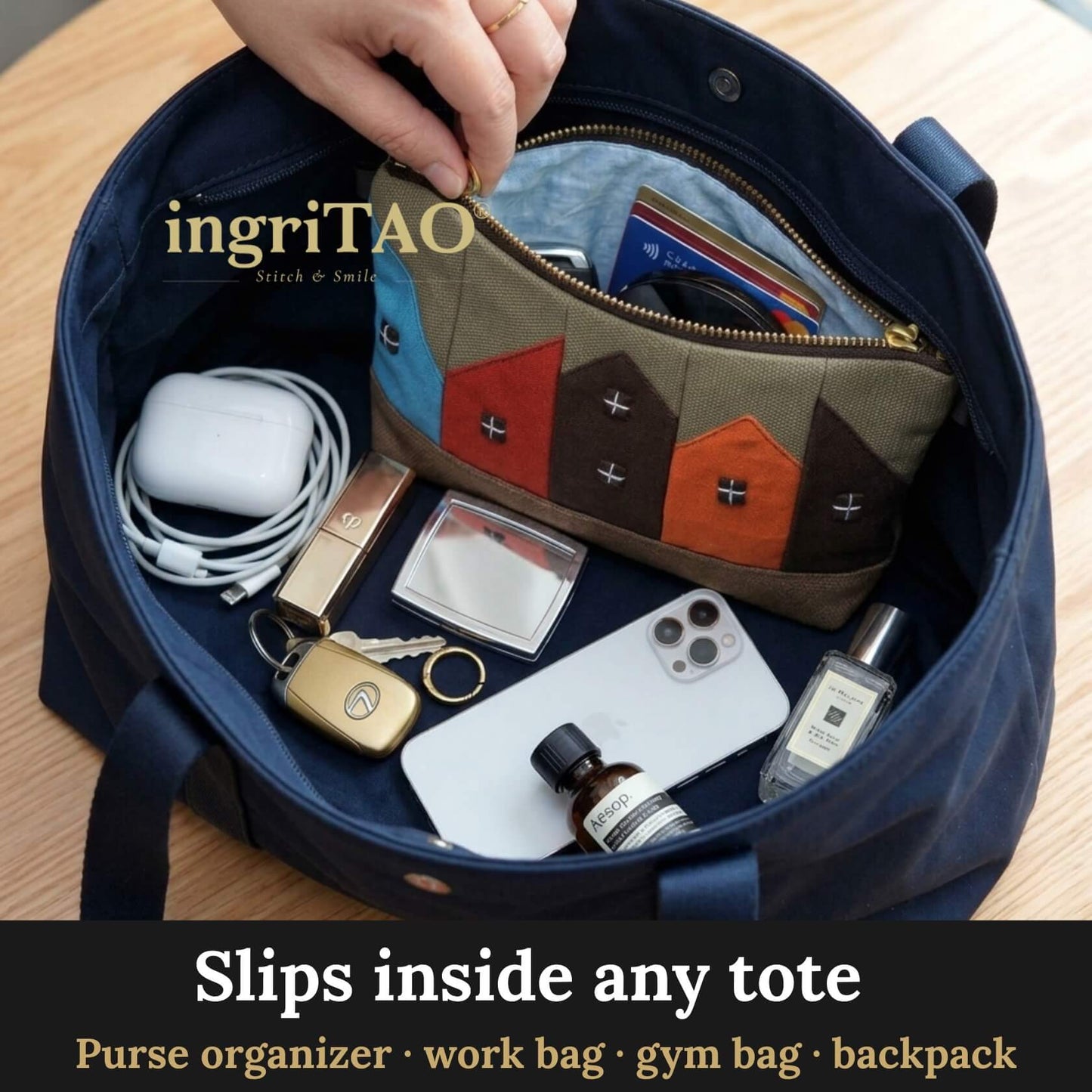 IngriTAO  Handmade Cute Canvas Makeup Bag Small Cosmetic Bag for Purse