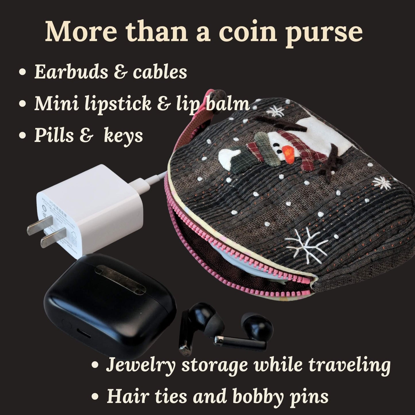 Open quilted zipper pouch shown holding wireless earbuds and mobile phone charger cable, demonstrating versatile use as earbud case and everyday carry organizer ingriTAO